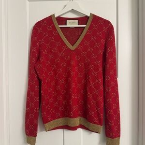 Gucci V-Neck Sweater in Red with Gold Accents
